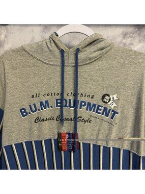 Vintage BUM Equipment Hoodie T Shirt Mens Large Gray/Blue Baggy Y2K
